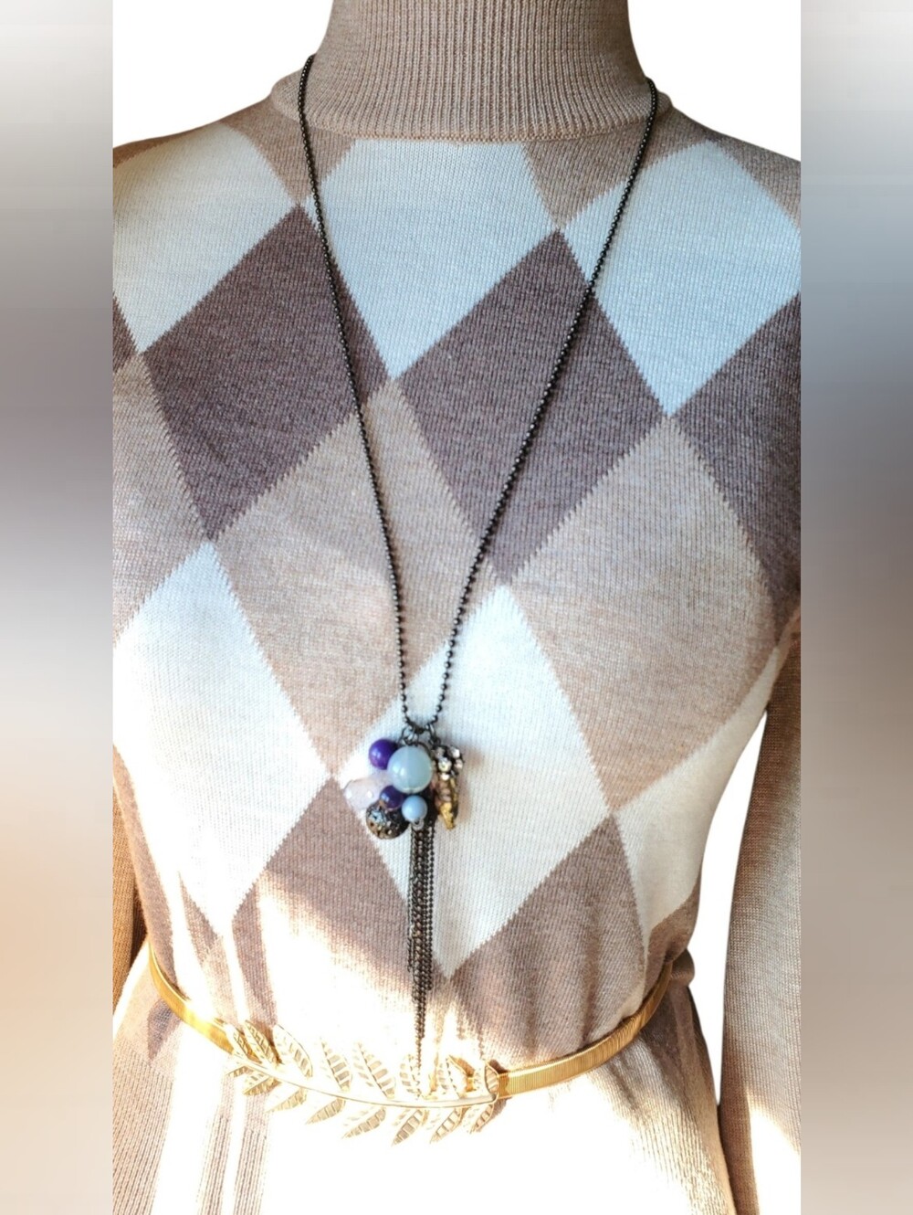 Vtg. Black Beaded Tassel Charms Pendant Necklace